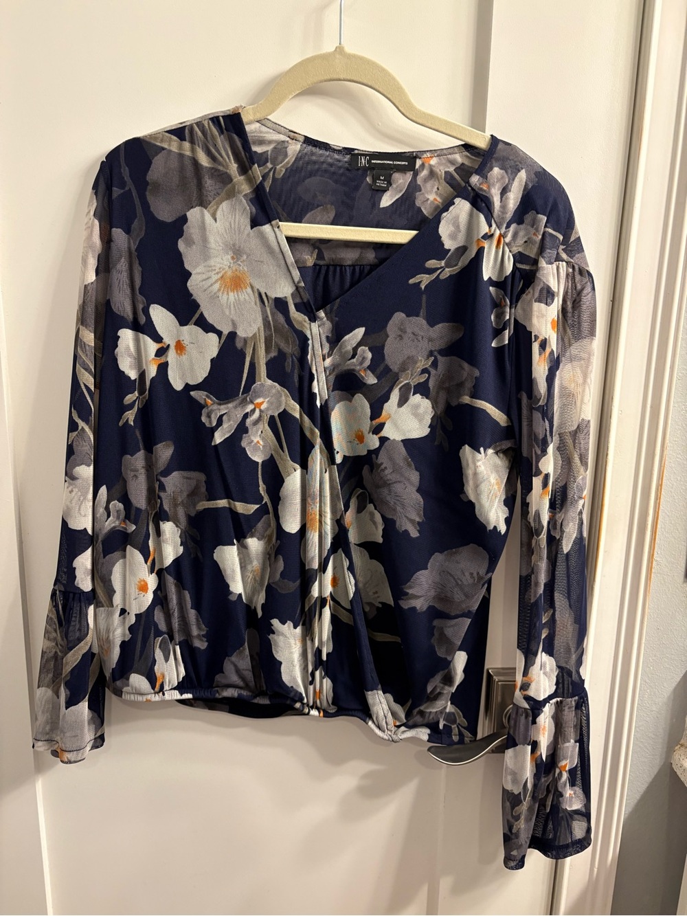INC International Concepts Navy Floral V-Neck Long-Sleeve Blouse